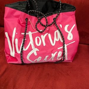 Victoria  SECRET Large tote. Hot Pink white lettering, cording black, pink dots